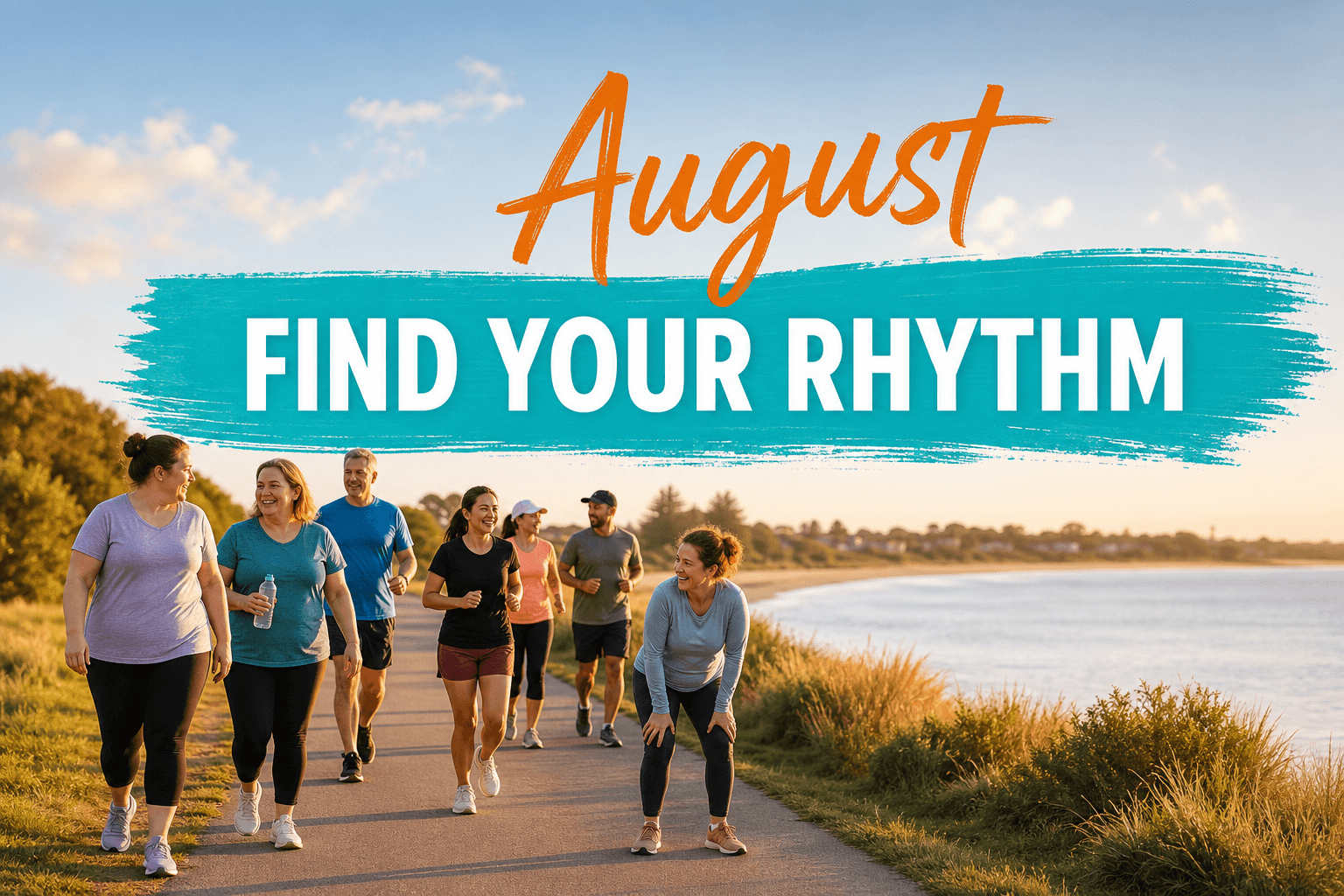 A mixed group of adults walking and gently jogging together on a coastal path with August: Find Your Rhythm challenge artwork.