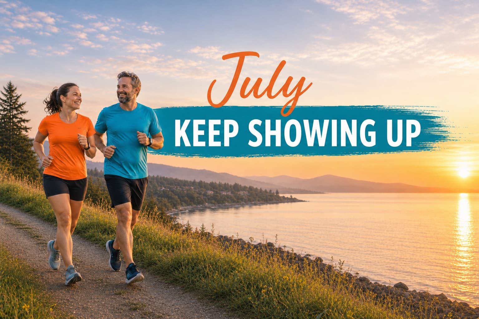 A female runner and male runner moving together on a coastal path with July: Keep Showing Up challenge artwork.