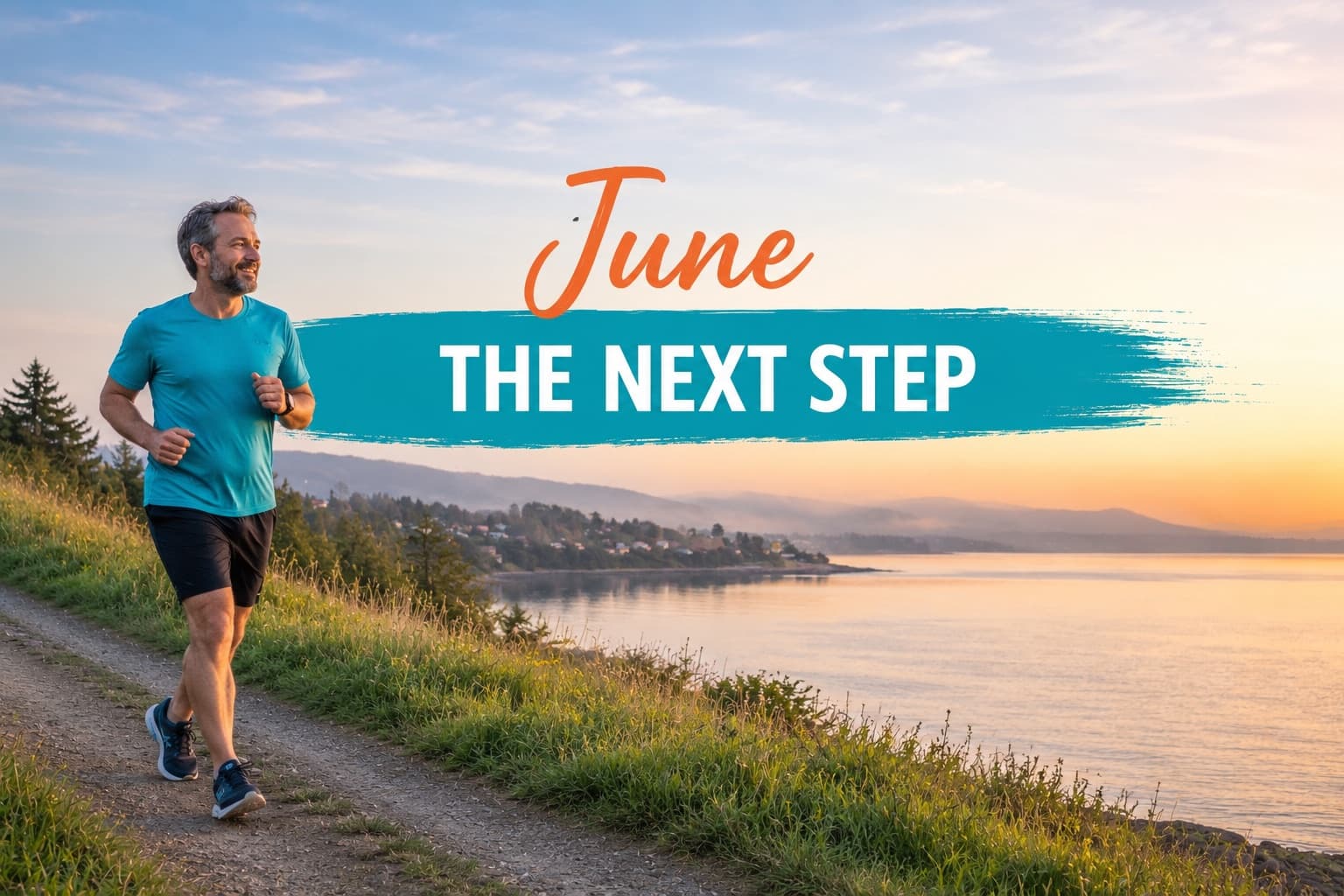 A runner on a coastal path with June: The Next Step challenge artwork.