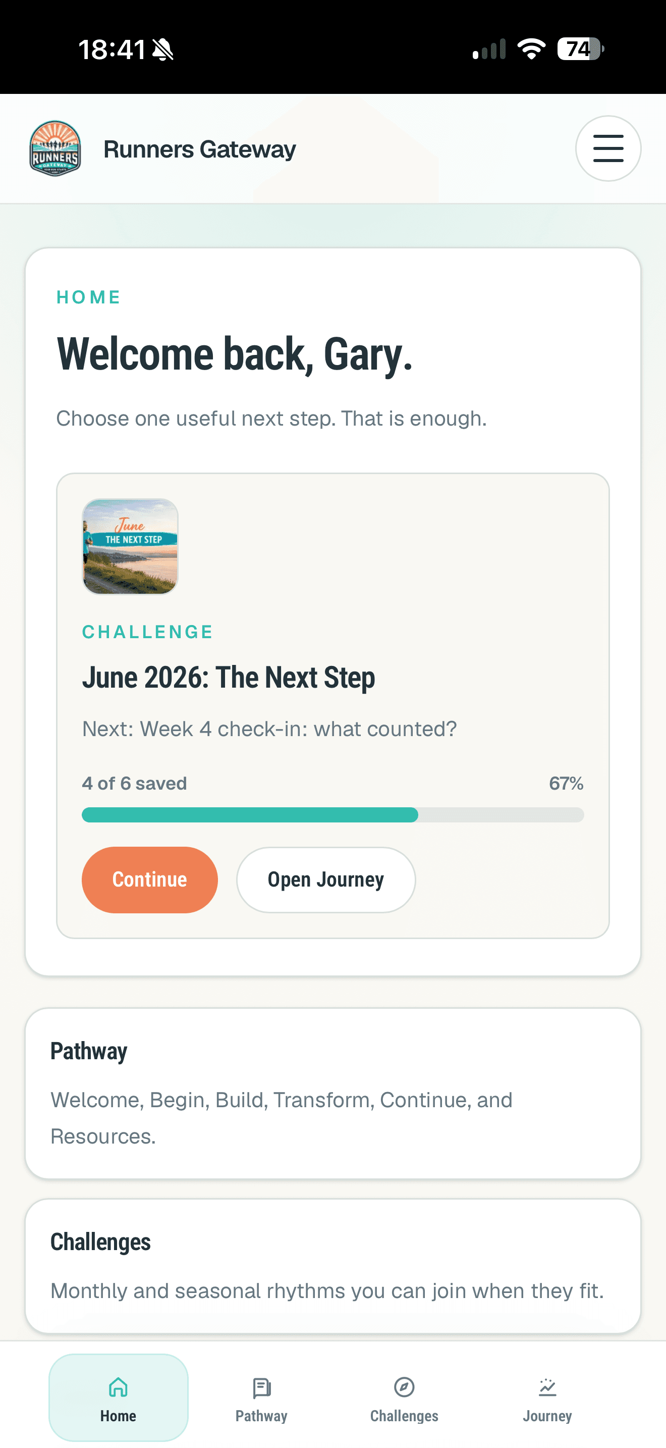 Runners Gateway mobile Home showing a Challenge next step, Pathway, Challenges, and Journey navigation.