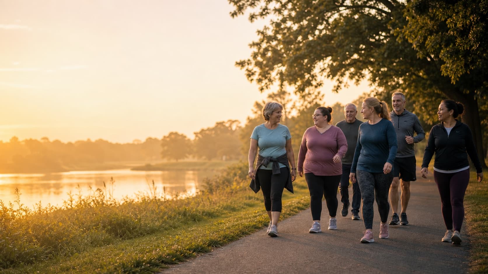 Ordinary adults walking and gently jogging together in warm morning light.